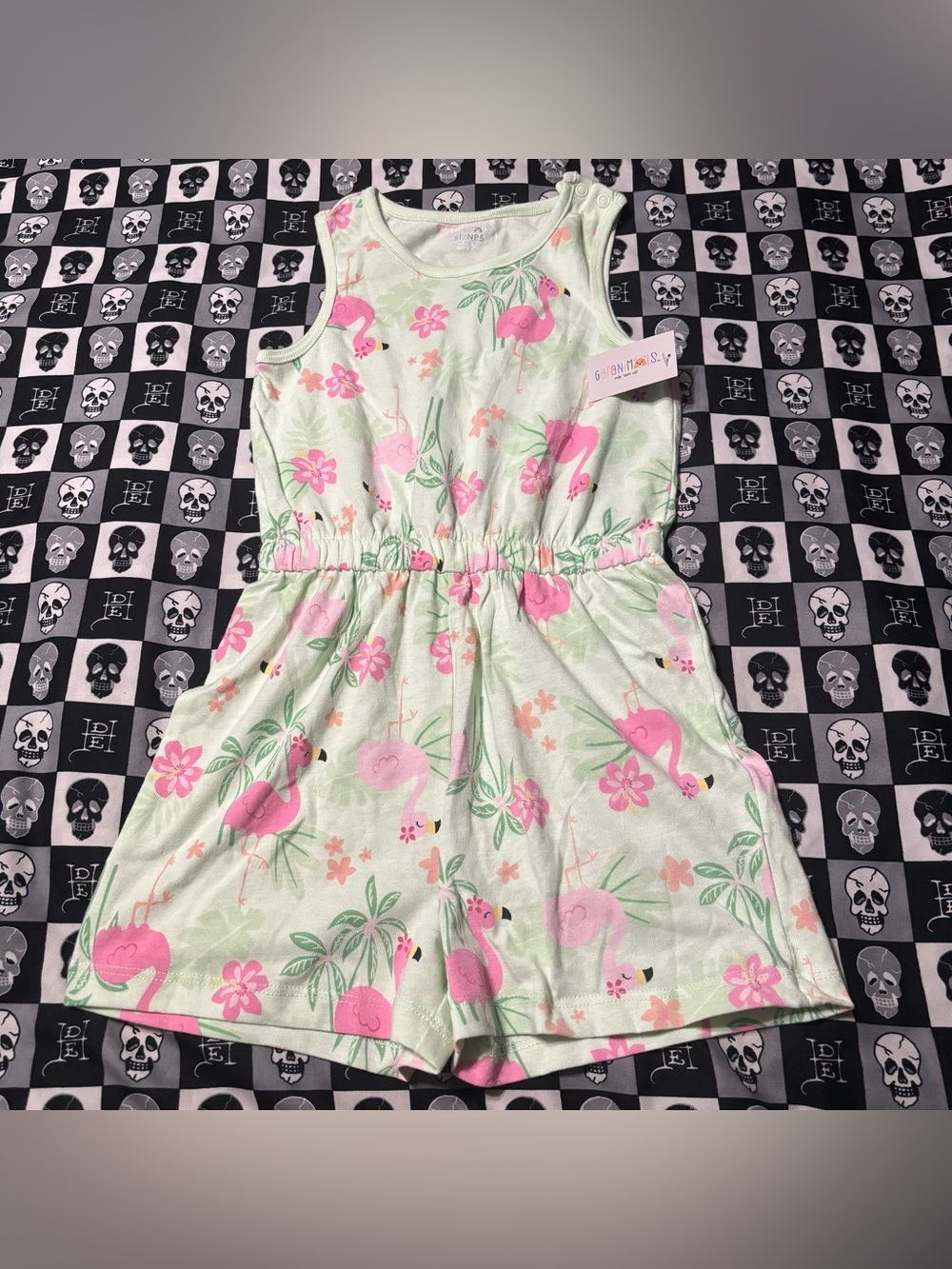 🎃5 for $25🎃 Garanimals Light Green Pink Girls Flamingo Print Sleeveless Romper